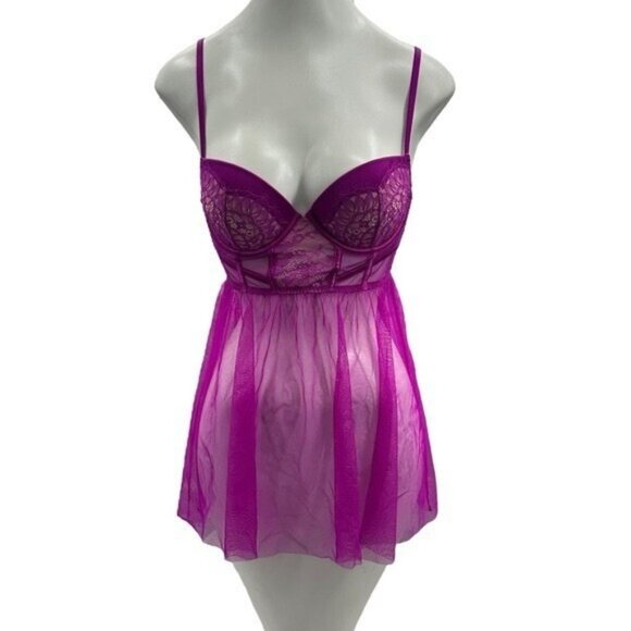 Victorias Secret 34C Sheer Lingerie Babydoll Dress Purple Mesh Underwire Push Up - Picture 1 of 12